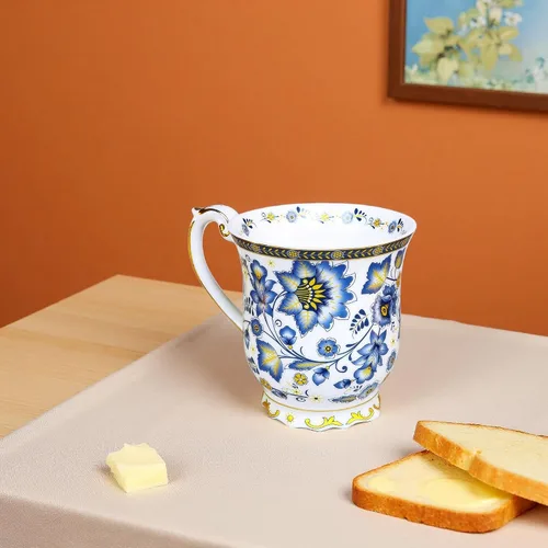 Vista 5 de Taza de café vintage con estampado de flores en relieve, taza de café retro de porcelana de alta calidad de 11.8 onzas para café, té, leche, Azul