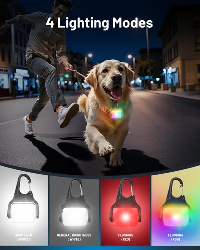 Vista 2 de Paquete de 2 luces para collar de perro, luces para perros para caminar por la noche, 4 modos, luz impermeable para perros con clip recargable