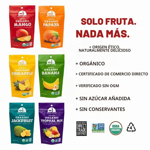 Vista 4 de Mavuno Harvest Paquete variado de frutas secas orgánicas, mango seco, papaya, piña, plátano, yaca y mezcla tropical, saludable, vegano, sin azúcar