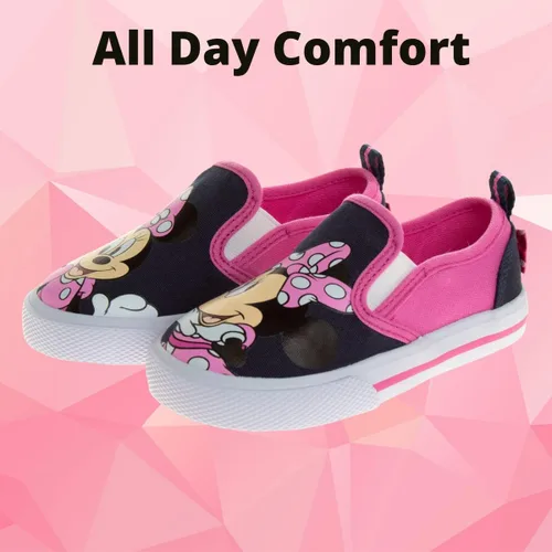 Vista 2 de Disney Minnie Mouse, Elsa Frozen, zapatos de princesa para niñas y niños pequeños, mocasín de personaje, parte superior baja, tenis casuales de lona