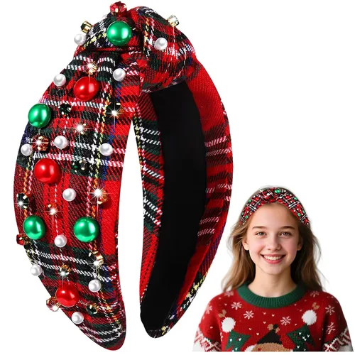 Vista 10 de Diadema de Navidad para mujer, accesorios de Navidad con cuentas, arco de Navidad, árbol, copo de nieve, diadema anudada HOHOHO, rojo y verde, perla
