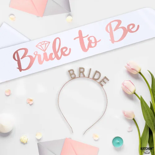Vista 9 de KatchOn, Corona de novia de oro rosa y banda para la novia – Paquete de 2 Banda y diadema para novia Corona de novia para despedida de soltera