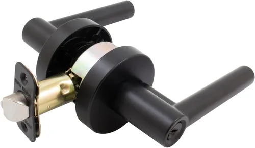 Vista 5 de Stone Harbor Hardware Zurich - Manija de puerta con roseta redonda, pestillo de entrada, llave KW, negro mate