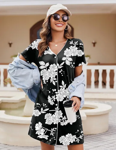 Vista 2 de Ekouaer Camisón de manga corta con botones para mujer, camisón suave con cuello en V