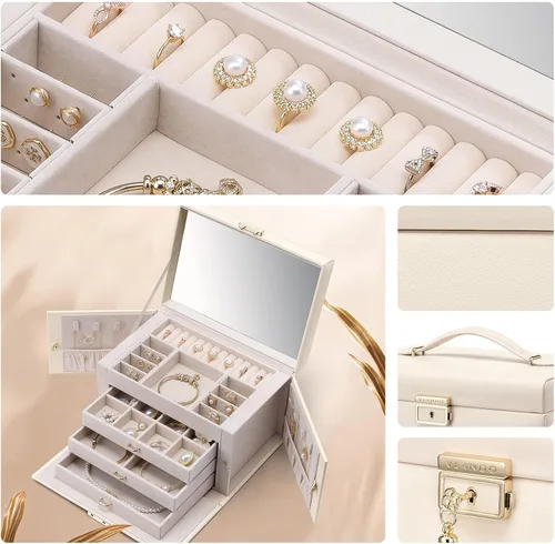 Vista 3 de Vlando Joyero de terciopelo para mujer, caja organizadora grande de cuero con cerradura, espejo, 3 cajones para collar, anillo y aretes, regalo