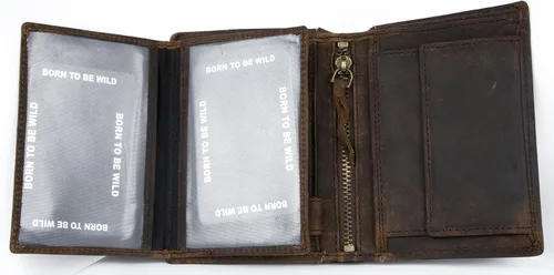 Vista 3 de Cartera vertical de cuero genuino para hombre nacido para ser salvaje con un tiburón, Marrón, Cartera triple