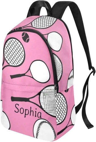 Vista 2 de Mochila personalizada con patrón de raqueta de tenis rosa y blanca con nombre Bolsa de viaje personalizada para mujeres y hombres, Personalizado 5