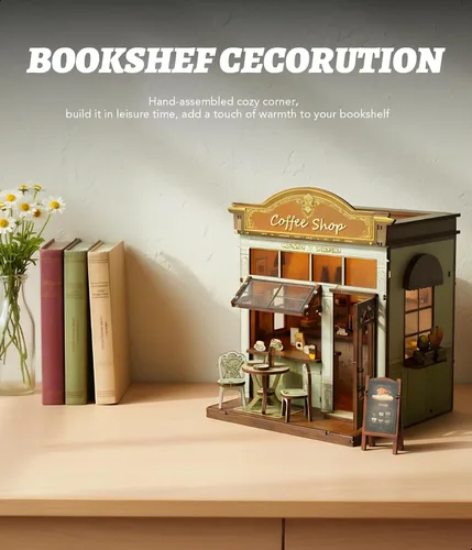 Vista 5 de Kit de rincón de libros DIY Cafetería Casa en miniatura Rompecabezas de madera 3D con luz LED, decoración de estantería pequeña kit de construcción