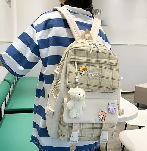 Vista 5 de Aobiono Juego de 5 mochilas a cuadros kawaii, estética, a cuadros, con alfileres, oso, colgante, luz escolar, kit de suministros escolares