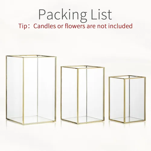 Vista 7 de Portavelas de cristal para huracanes: 3 piezas de oro grande rectangular portavelas de huracán, centros de mesa para mesas, farol decorativo