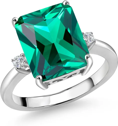 Vista 12 de Gem Stone King 5-7 Cttw Gemstone Birthstone and White Lab Grown Diamond 3-Stone Engagement Ring 925 Sterling Silver Center Emerald Cut 12X10MM