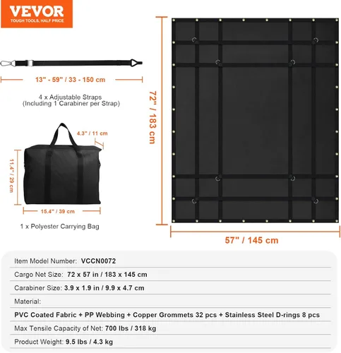Vista 7 de VEVOR Red de carga impermeable, 72 pulgadas x 57 pulgadas, red de carga resistente para camiones (WLL) 700 libras, 4 correas ajustables