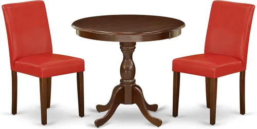Vista 12 de East West Furniture AMAB3-BCH-61 - Juego moderno de 3 piezas antiguo que contiene una mesa de cocina redonda con pedestal y 2 sillas de comedor