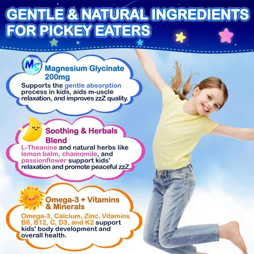 Vista 3 de Gomas de glicinato de magnesio para niños - Suplemento de glicinato de magnesio 200mg con L-teanina Omega-3, calcio, vitamina D3 y B12 para niños