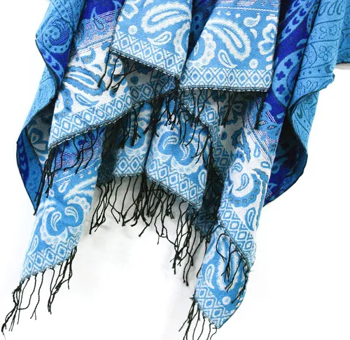 Vista 5 de Poncho con flecos, con estampado vintage, estilo retro, a la moda, para mujer. Capa, chal.