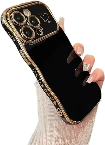 Vista 24 de ZTOFERA Funda para iPhone 11 de 6.1 pulgadas, bonita funda con marco ondulado rizado con patrón de corazón de amor, borde chapado de lujo