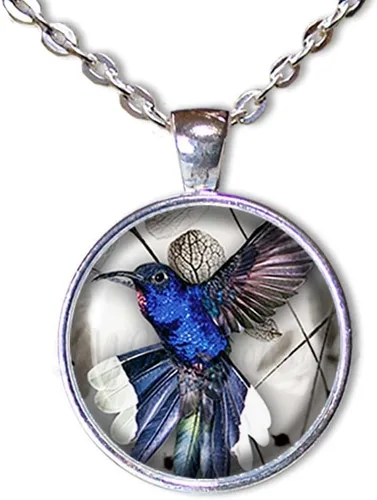 Vista 7 de Blue Hummingbird Nature Lovers Handmade ROUND Glass Pendant Necklace Jewelry