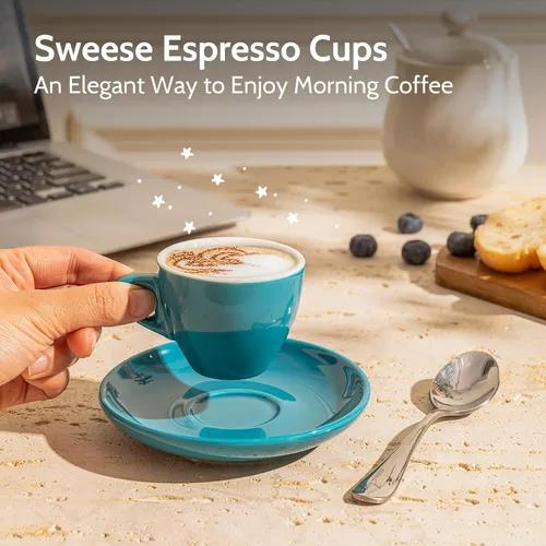 Vista 5 de Sweese Tazas de espresso de 2 onzas con platillos, juego de 6 tazas de espresso de porcelana, colores surtidos