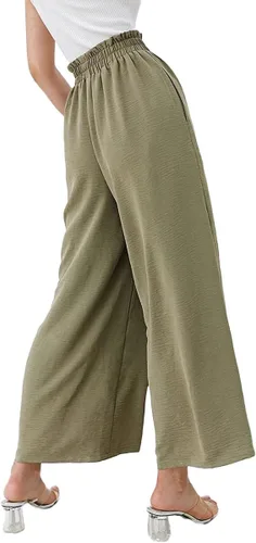 Vista 4 de Mtsebmves Pantalones palazzo de pierna ancha para mujer, elásticos, de cintura alta, holgados, palazzo, con bolsillos (verde, talla XL), Verde