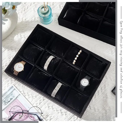 Vista 7 de Henoyso Bandeja de terciopelo para relojes, organizador de joyas, 12 cuadrículas, apilable, organizador de relojes, pulsera, soporte para exhibición