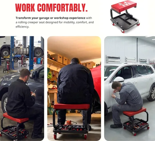 Vista 7 de MaxWorks Mecanics - Asiento rodante resistente con capacidad de 250 libras, con asiento acolchado y bandeja de herramientas de 3 secciones