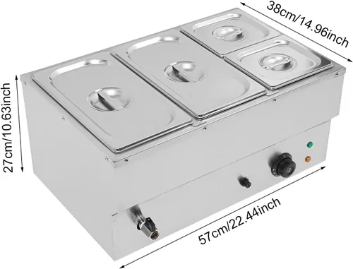 Vista 2 de Calentador de sopa de alimentos de 110 V, 4 sartenes, mesa de acero inoxidable de grado alimenticio, encimera comercial, cafetería de buffet