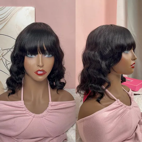 Vista 7 de PANEWAY Pelucas de cabello humano corto con flequillo, pelucas de cabello humano virgen brasileño ondulado para mujeres negras y blancas, pelucas