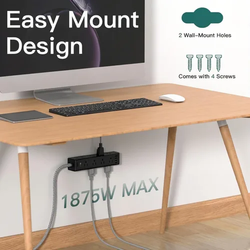 Vista 6 de Addtam Regleta protectora de sobretensiones negra con 12 salidas de CA y 4 puertos USB, cable de extensión de 5 pies, montaje en pared de enchufe