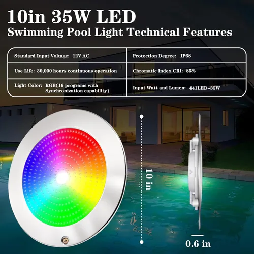 Vista 4 de Luz de piscina de 10 pulgadas para piscina enterrada, luz LED de piscina interior de 12 V CA, control remoto, luces de piscina subacuáticas