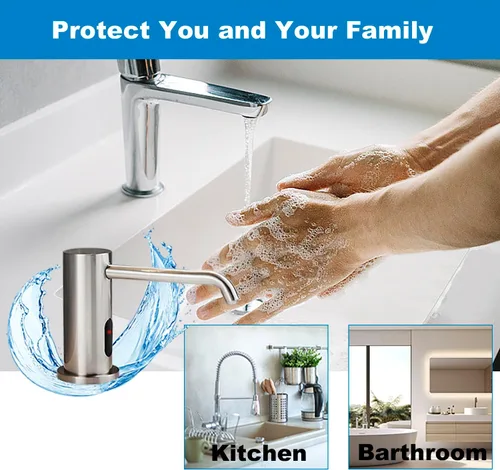 Vista 8 de Dispensador de jabón automático sin contacto para fregadero de cocina y baño, dispensador de jabón eléctrico comercial líquido de níquel cepillado