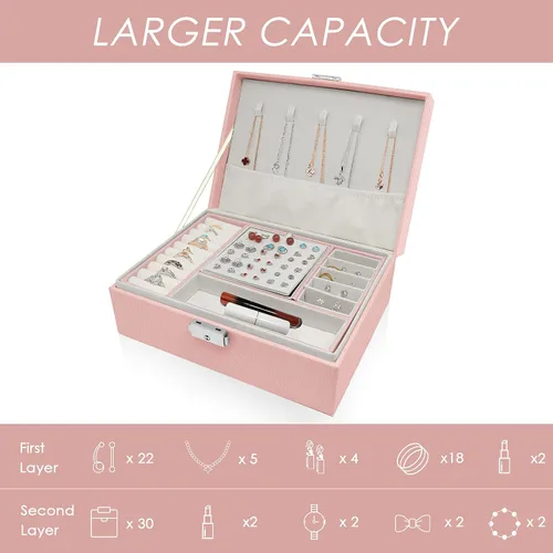 Vista 2 de XMJXBOX Organizador de joyas de 2 capas, joyero para mujeres y niñas, caja organizadora de joyas de piel sintética con cerradura de llave