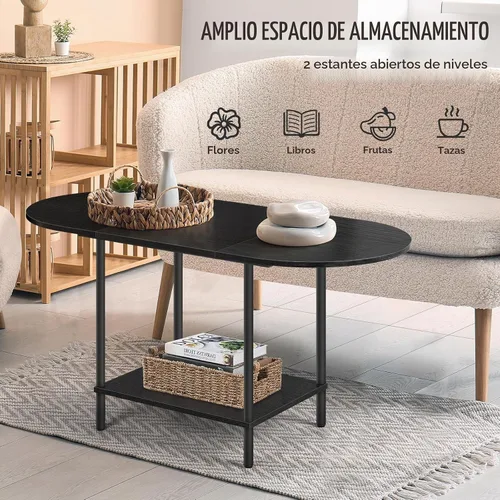 Vista 4 de Mesas de café negras para sala de estar, mesa de centro oval pequeña de mediados de siglo con estante de almacenamiento y tablero de madera, mesa