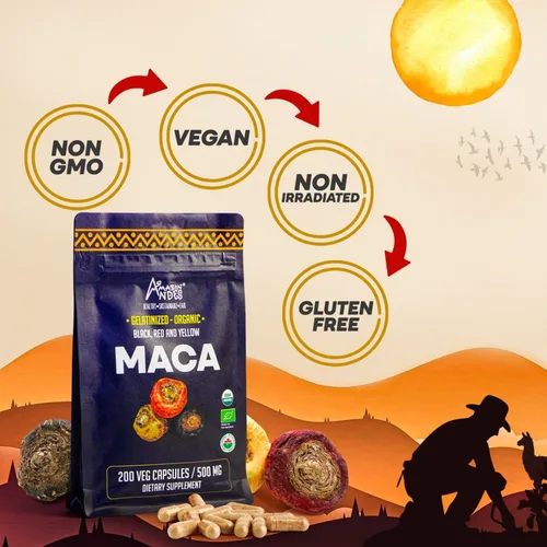 Vista 3 de Cápsulas de maca negra, roja y amarilla premium l 3000 mg que sirven para mayores niveles de energía y rendimiento físico l Potente antioxidante