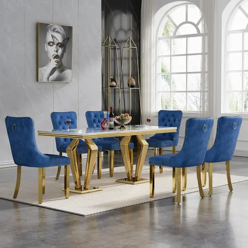 Vista 64 de HomVent - Juego de mesa de comedor de mármol sintético de 68 pulgadas con 4 sillas de terciopelo para cocina Modern Rectangular Faux Marble