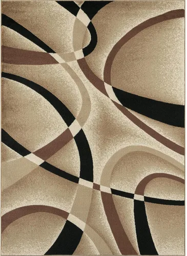 Vista 7 de 2305 Alfombra abstracta moderna roja, negra, y beige, Polipropileno, Beige Alfombra moderna para sala de estar Gris