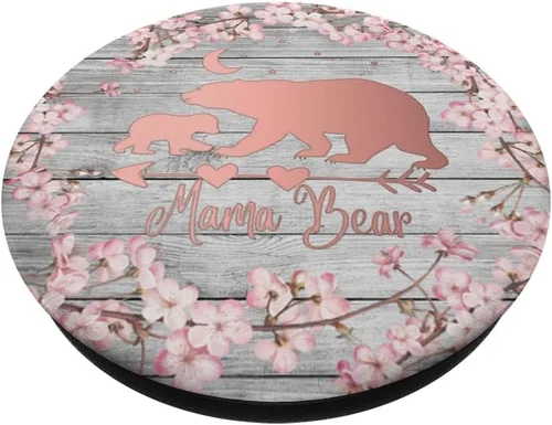 Vista 2 de Cherry Blossoms Rose Pink Mama Bear One Cub Vintage Gray PopSockets Grip and Stand para teléfonos y tabletas, Negro