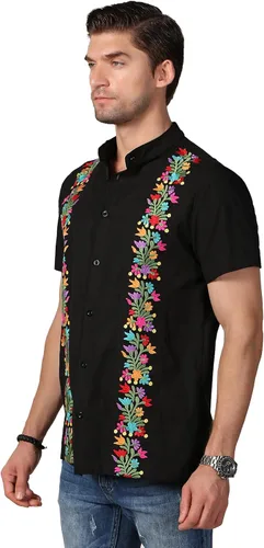 Vista 6 de Camisas mexicanas para hombre, camisas de vestir tradicionales de guayabera para hombre, con botones, cuello de banda, camisa de vestir para fiesta