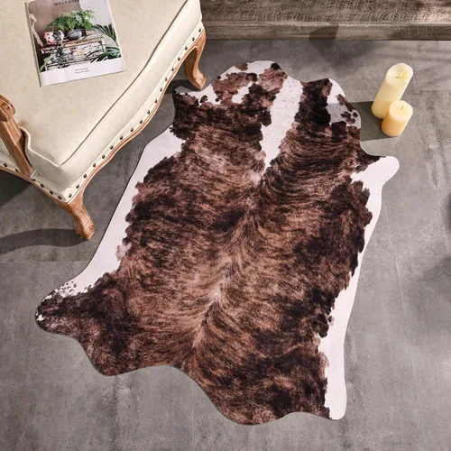 Vista 7 de Easycozy Alfombra de piel de vaca sintética con gran estampado de vaca, 3 x 4 pies, alfombra gruesa y elástica para dormitorio, sala de estar
