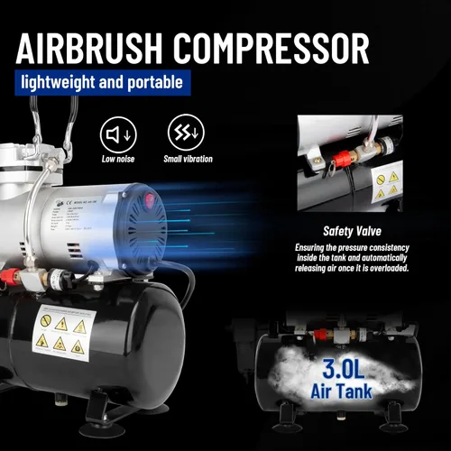Vista 2 de Timbertech Compresor de aerógrafo, mini compresor AS186 sin aceite de un solo pistón de alto rendimiento con tanque de 3L, regulador, trampa