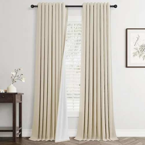 Vista 55 de Beige White Linen Blackout Curtains 90 Length 2 Panels Set for Living Room Bedroom, 100% Black Out Thermal Insulated Linen Drapes, Room Darkening