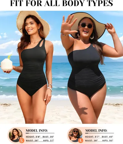 Vista 5 de Women's One Shoulder One Piece Tummy Control Swimsuit Full Coverage Diseño de ojo de cerradura, ajuste de cobertura completa, estilo modesto Negro