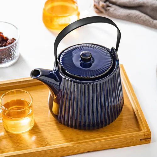 Vista 5 de Yundu Teteras de Cerámica Azul Profundo, 1000ml/33.8oz Tetera, Suficiente para 4 Tazas, Tetera con Infusores para Té Suelto, Tetera a Rayas