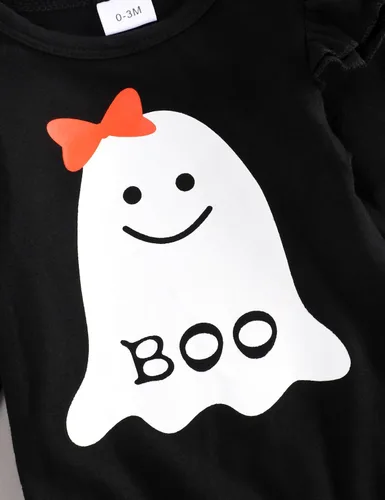 Vista 4 de Conjunto de ropa de Halloween para recién nacido, con volantes, tirantes, calabaza, murciélago, fantasma, falda con diadema