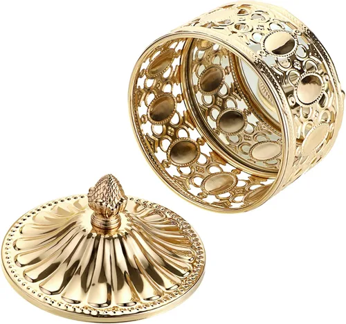 Vista 8 de Hipiwe Joyero de metal hueco con tapa, organizador de joyas con espejo dorado, anillo y aretes, collar, caja de almacenamiento para decoración