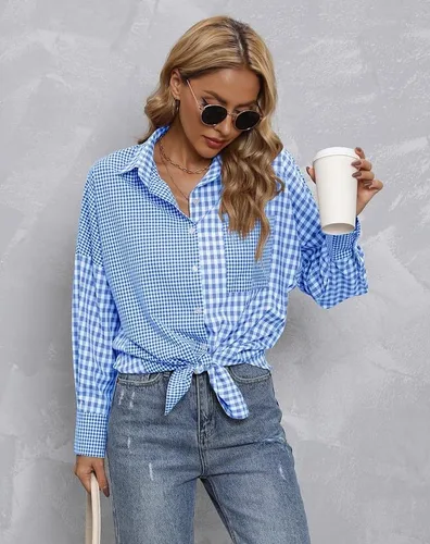 Vista 3 de Cugoodte Camisas a rayas con botones para mujer, manga larga, bloque de color, casual, negocios, trabajo, blusas con bolsillo