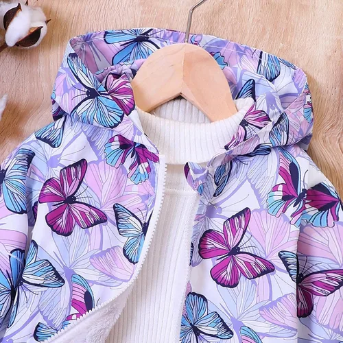 Vista 3 de Ropa de invierno para niñas y adolescentes, abrigo de forro polar con capucha y estampado de mariposas para niñas de 1 a 6 años