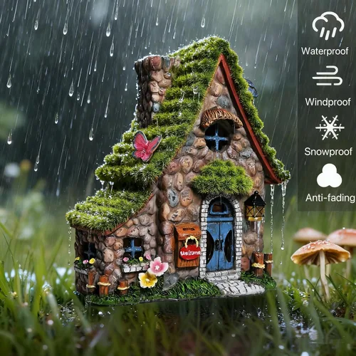 Vista 10 de Estatuas de casa de hadas de resina ASAWASA con luces solares, esculturas de jardín divertidas con decoración flocada y adoquinada, exquisitas