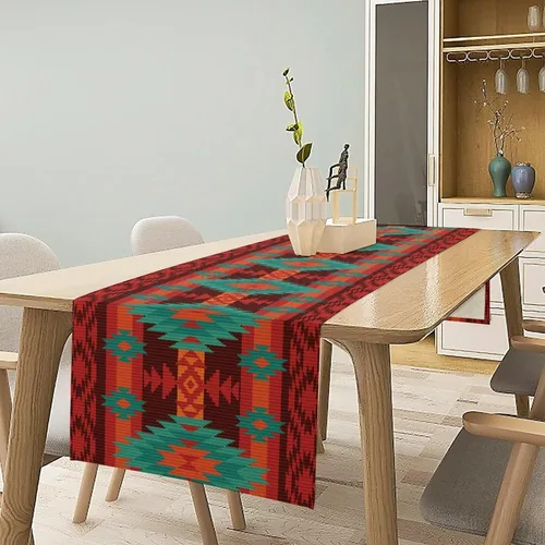 Vista 252 de Camino de mesa étnico del suroeste, navajo tribal nativo americano, bohemio, patrón geométrico azteca, camino de mesa para cocina, mesa de comedor