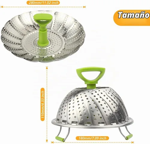 Vista 2 de Cesta de vapor plegable de acero inoxidable (7-11 pulgadas) con mango resistente al calor, ideal para cocinar mariscos, verduras, frutas, expandible