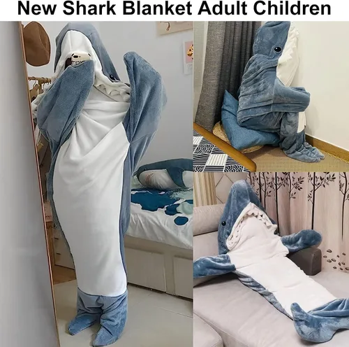 Vista 2 de Wmool Manta de tiburón para adulto, manta de tiburón súper suave con capucha de franela, mameluco de tiburón para adultos y niños